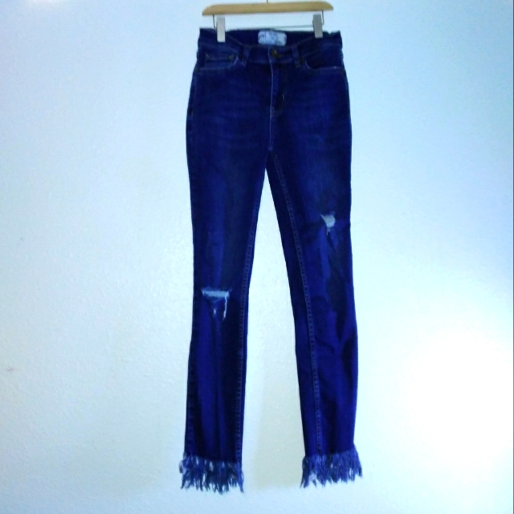 Free People Dark Wash Denim Distressed Raw Hem Jeans